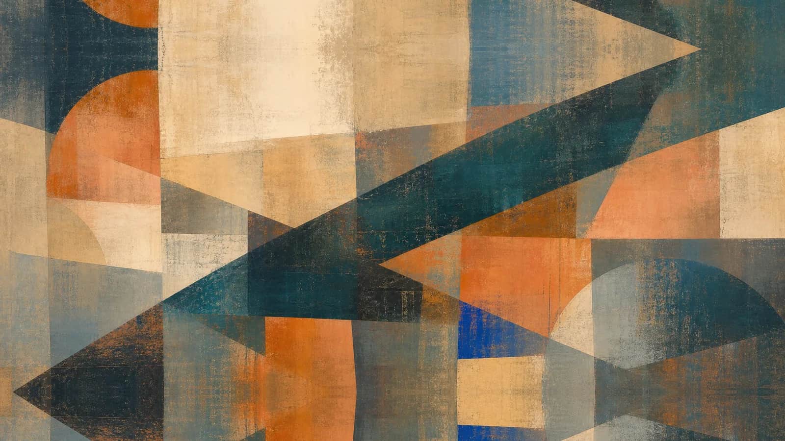 Interlocking teal and copper planes are reorganized by a broad dark diagonal