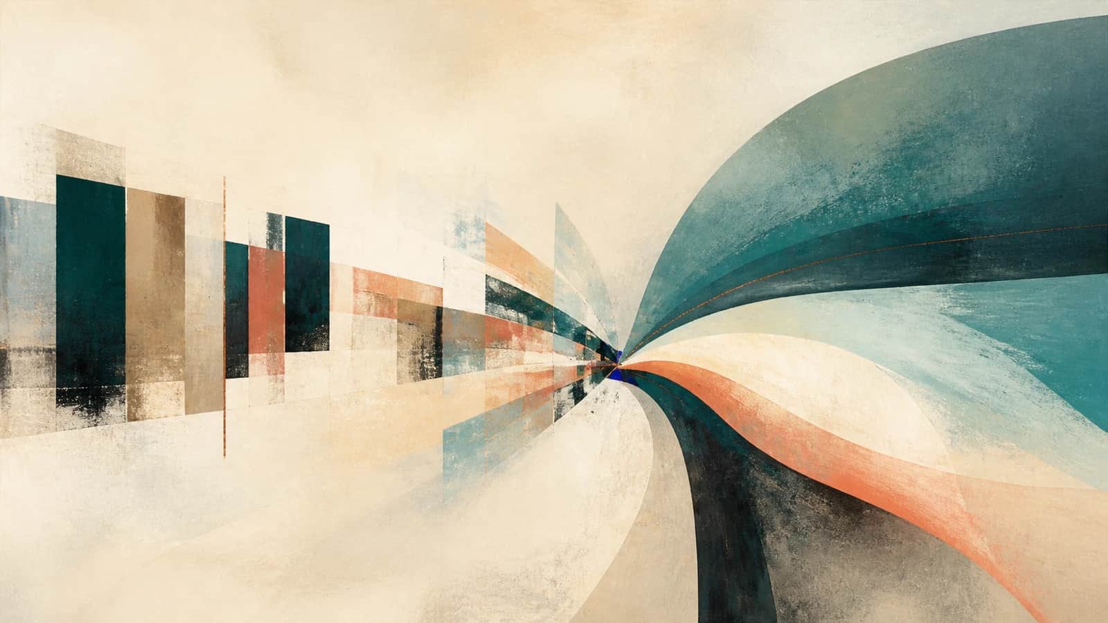 Rigid teal and copper blocks narrow into a cobalt junction before opening into broad curved painted fields