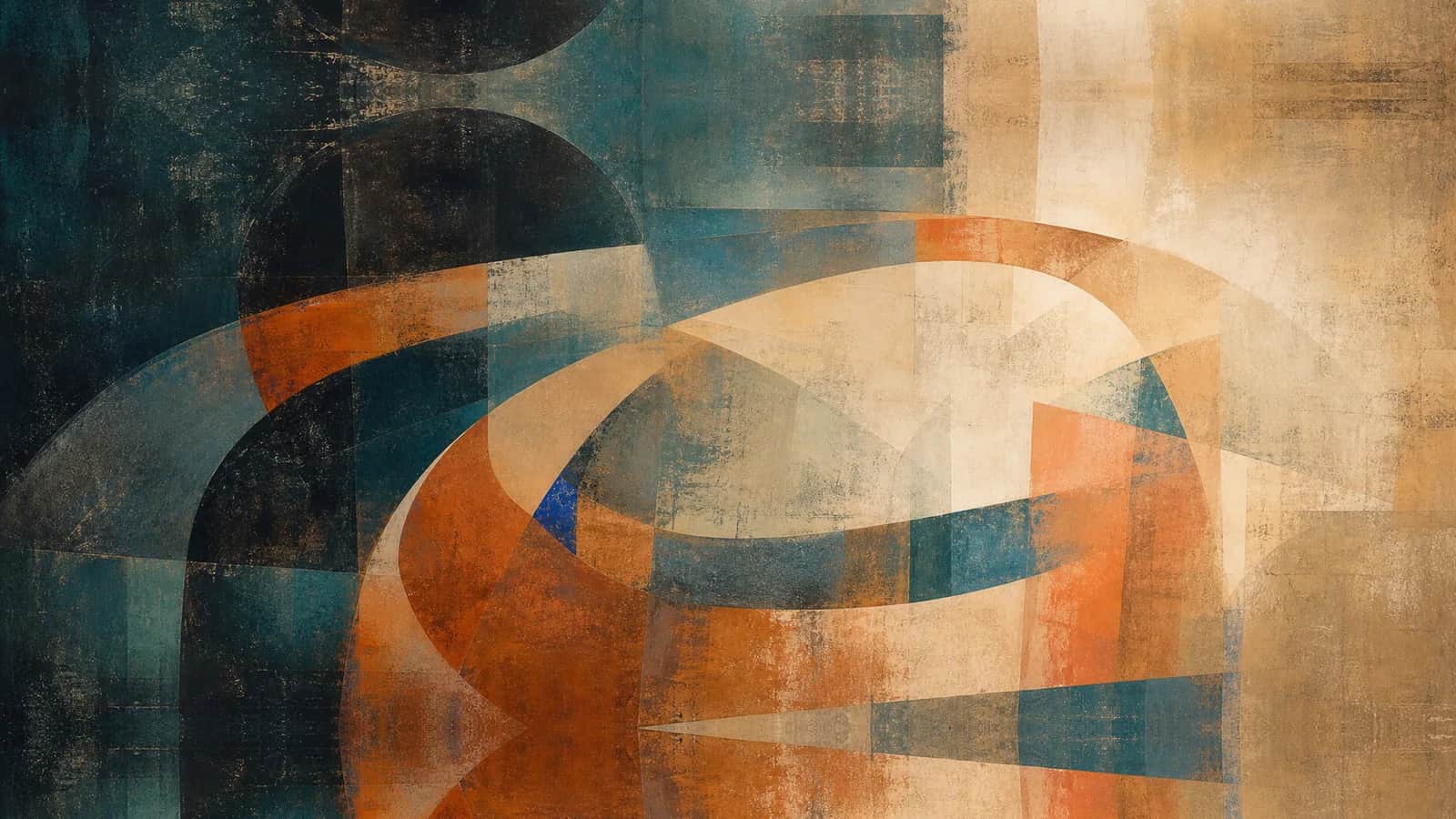Sweeping teal and copper arcs move between dark and luminous overlapping fields