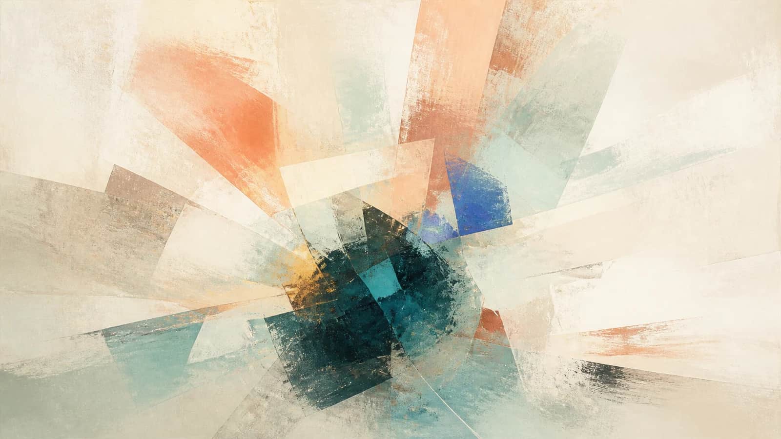 A compact dark teal core is surrounded by fractured translucent aqua, coral, copper, and cobalt planes on a textured cream field