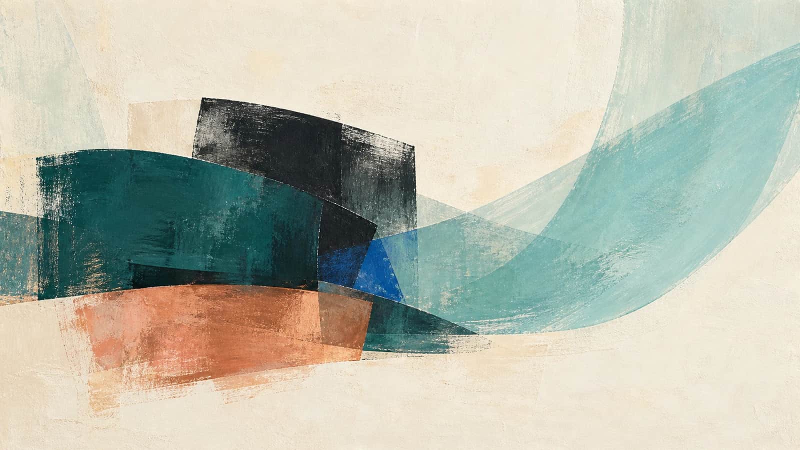 Low teal, near-black and coral painted planes overlap beneath a broad aqua arc on a textured cream ground.