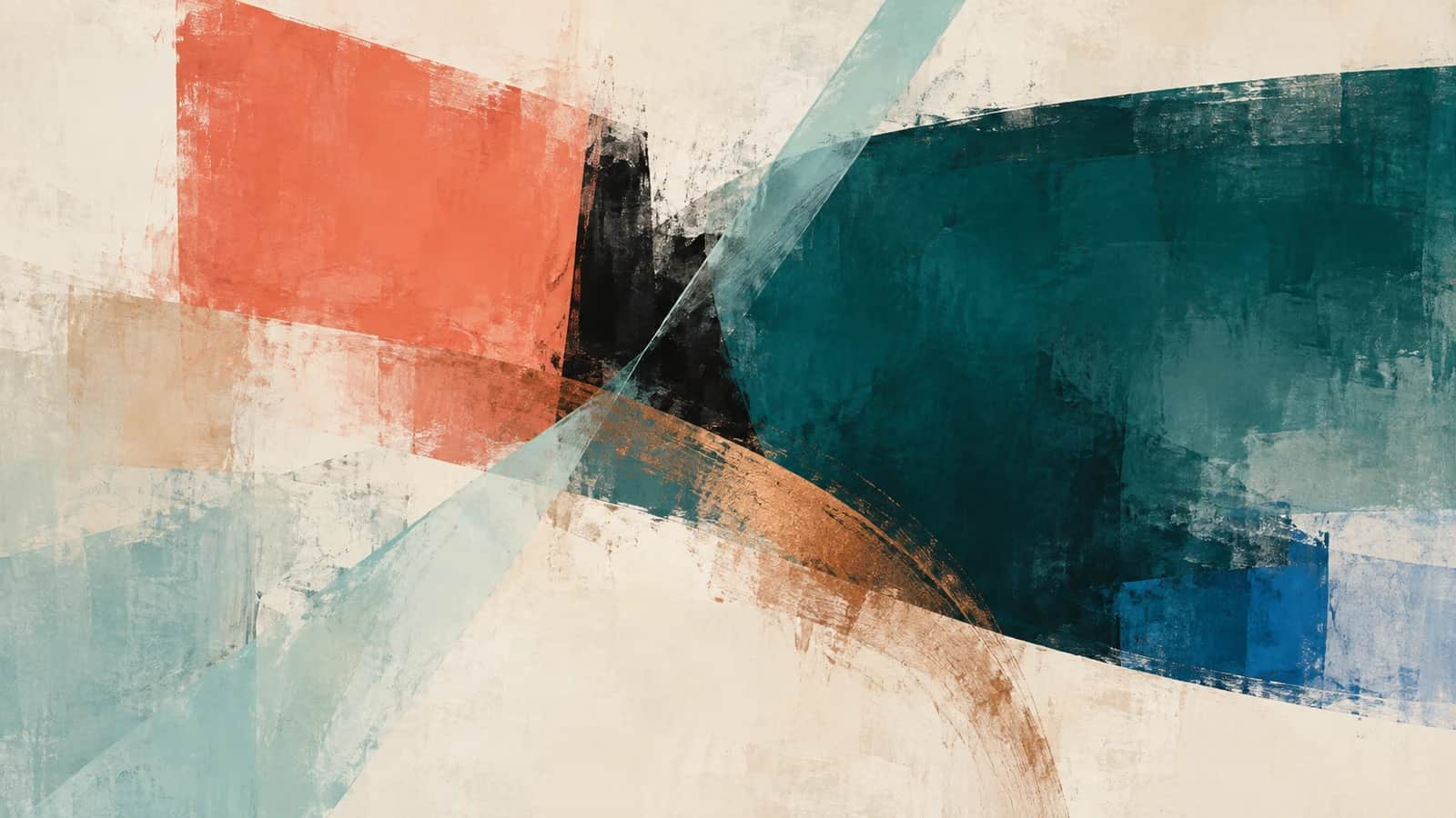 A coral plane balances a broad teal painted field across cream space with a translucent aqua diagonal.
