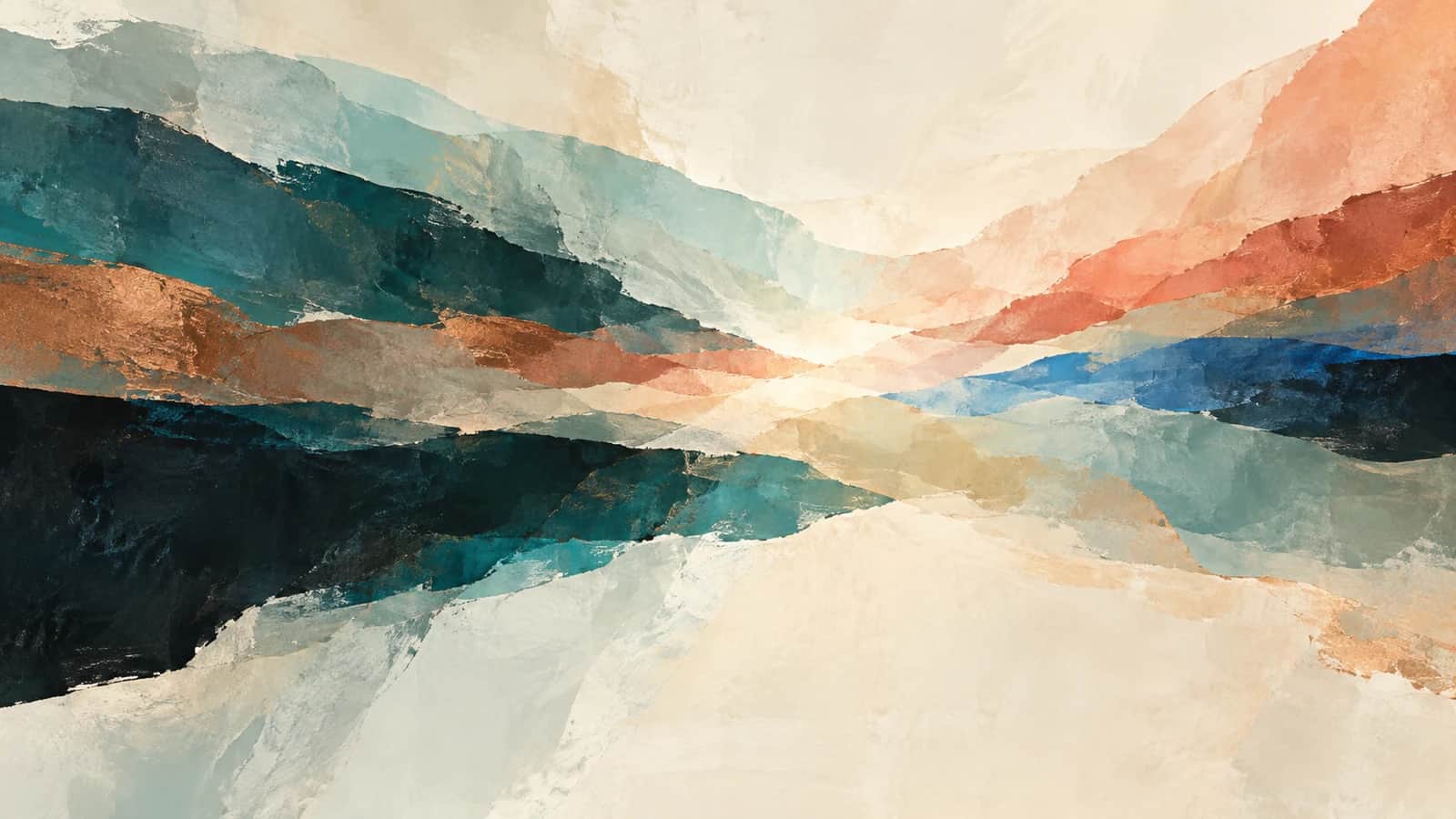 Broad teal, copper, coral, and translucent aqua painted bands converge around a cream opening.