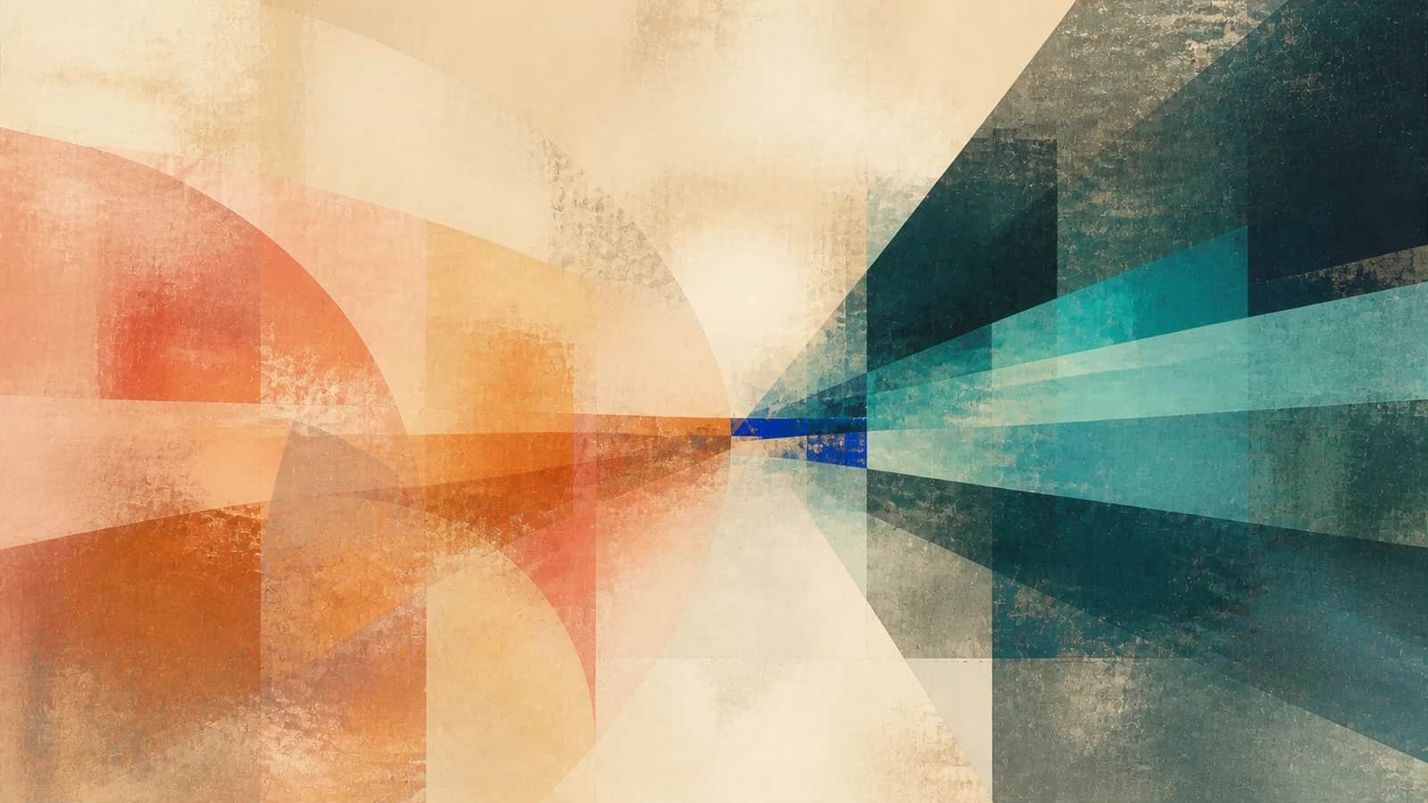 Rounded coral fields and angular teal planes converge around a narrow cobalt seam on a textured cream ground