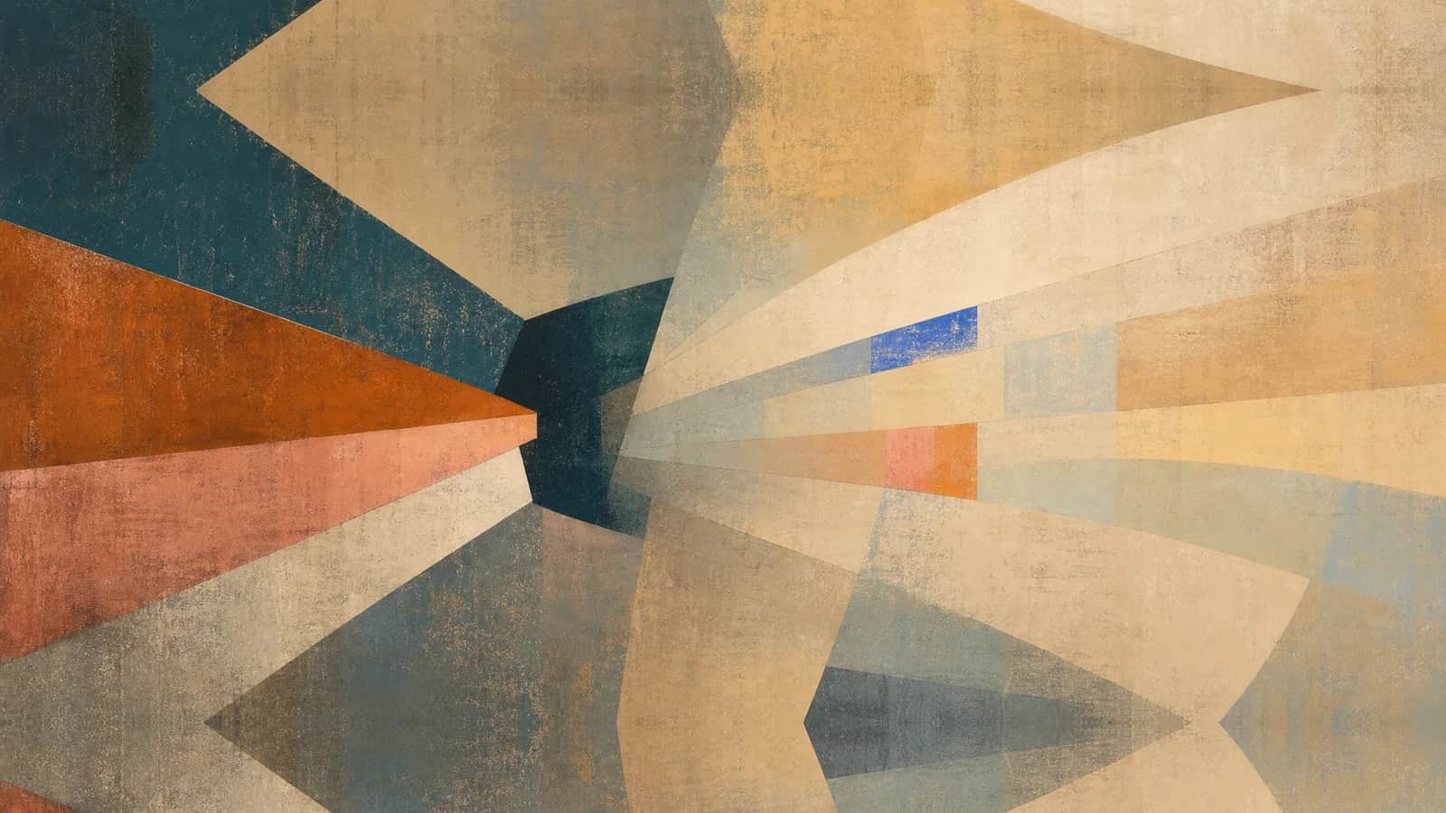 Teal and copper planes converge into a dark center and expand into luminous bands