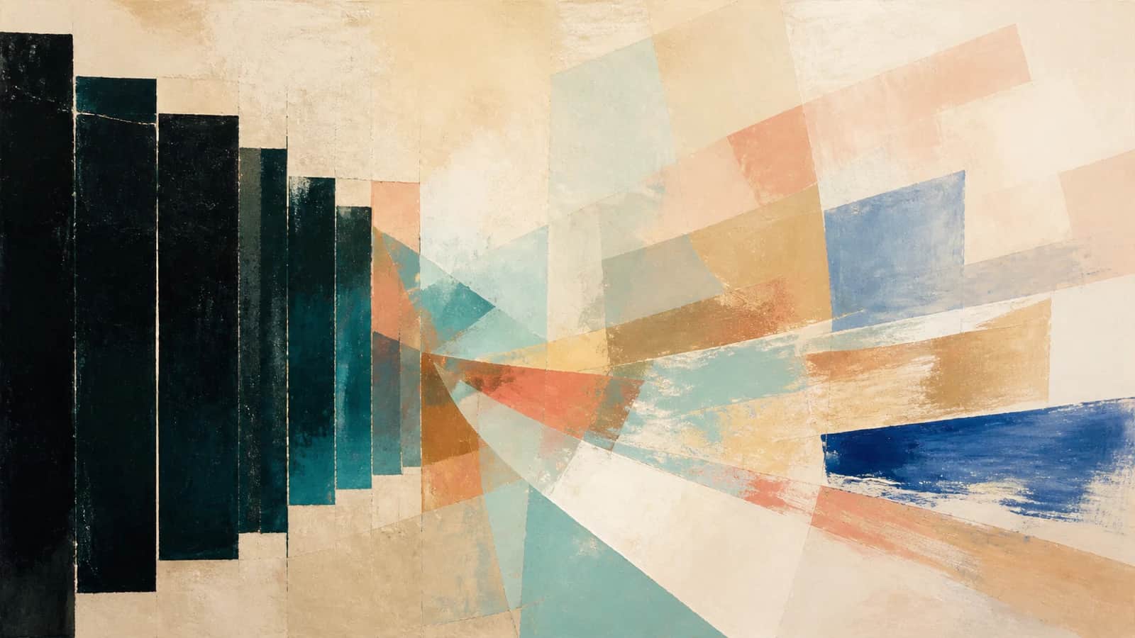 Dark teal vertical planes open into translucent aqua, coral, copper, and cobalt gestures across a textured cream field