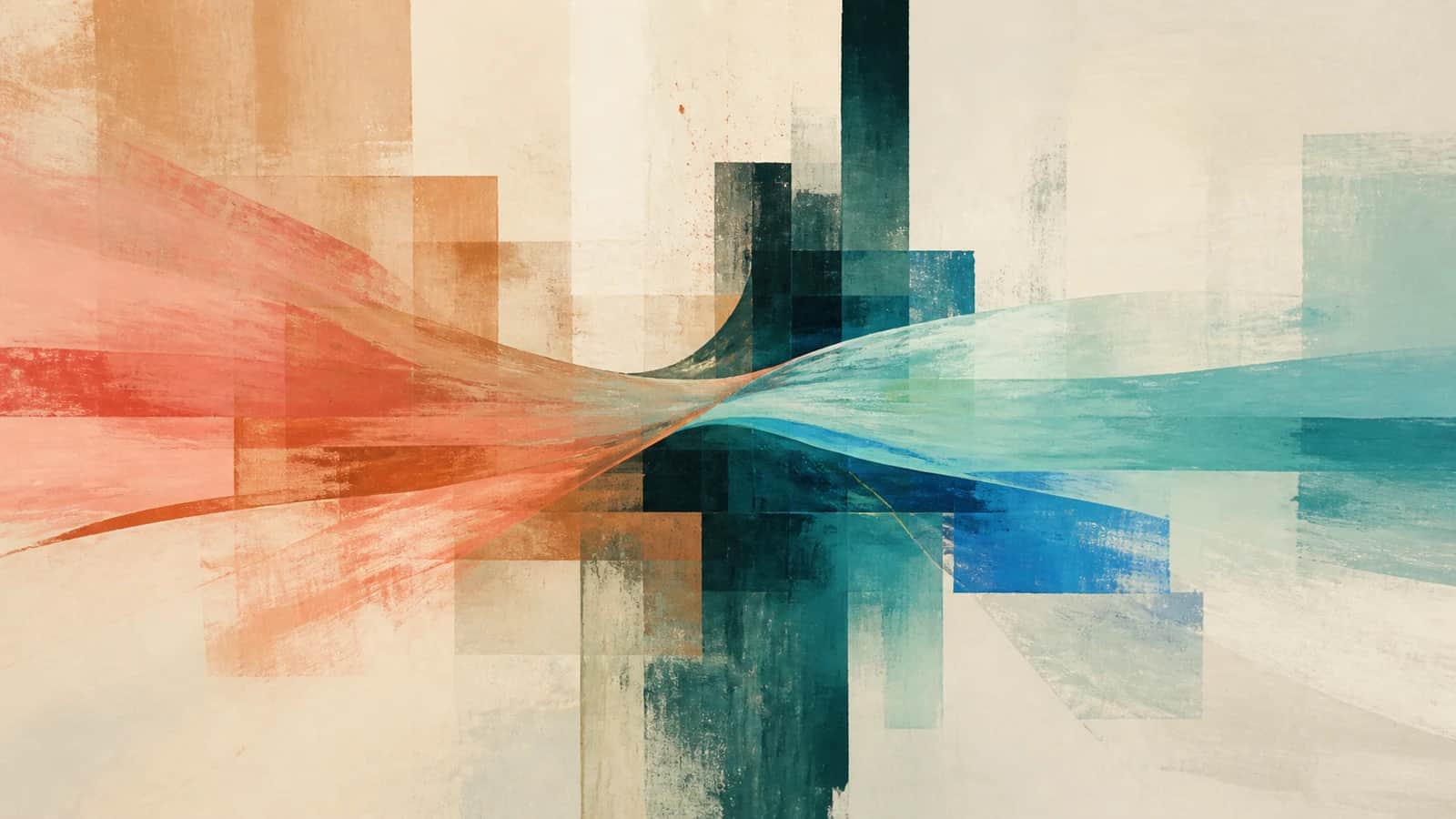 Copper and coral currents meet translucent aqua planes around a tall dark teal structure