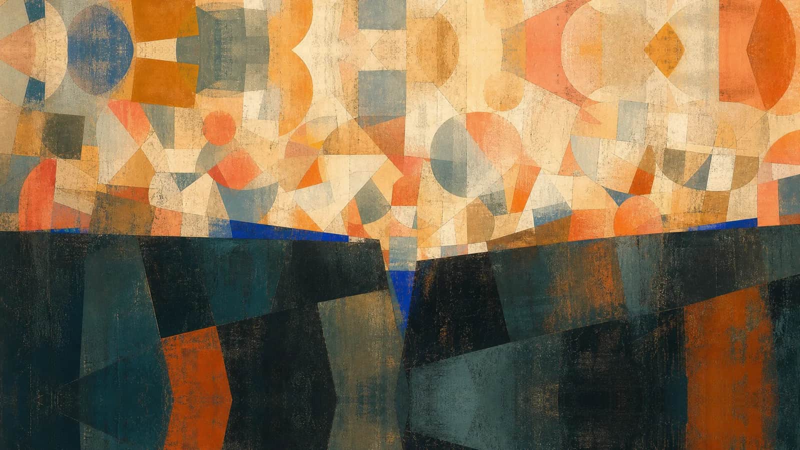 A bright field of repeated forms compresses into a cobalt wedge above dark layered geometry