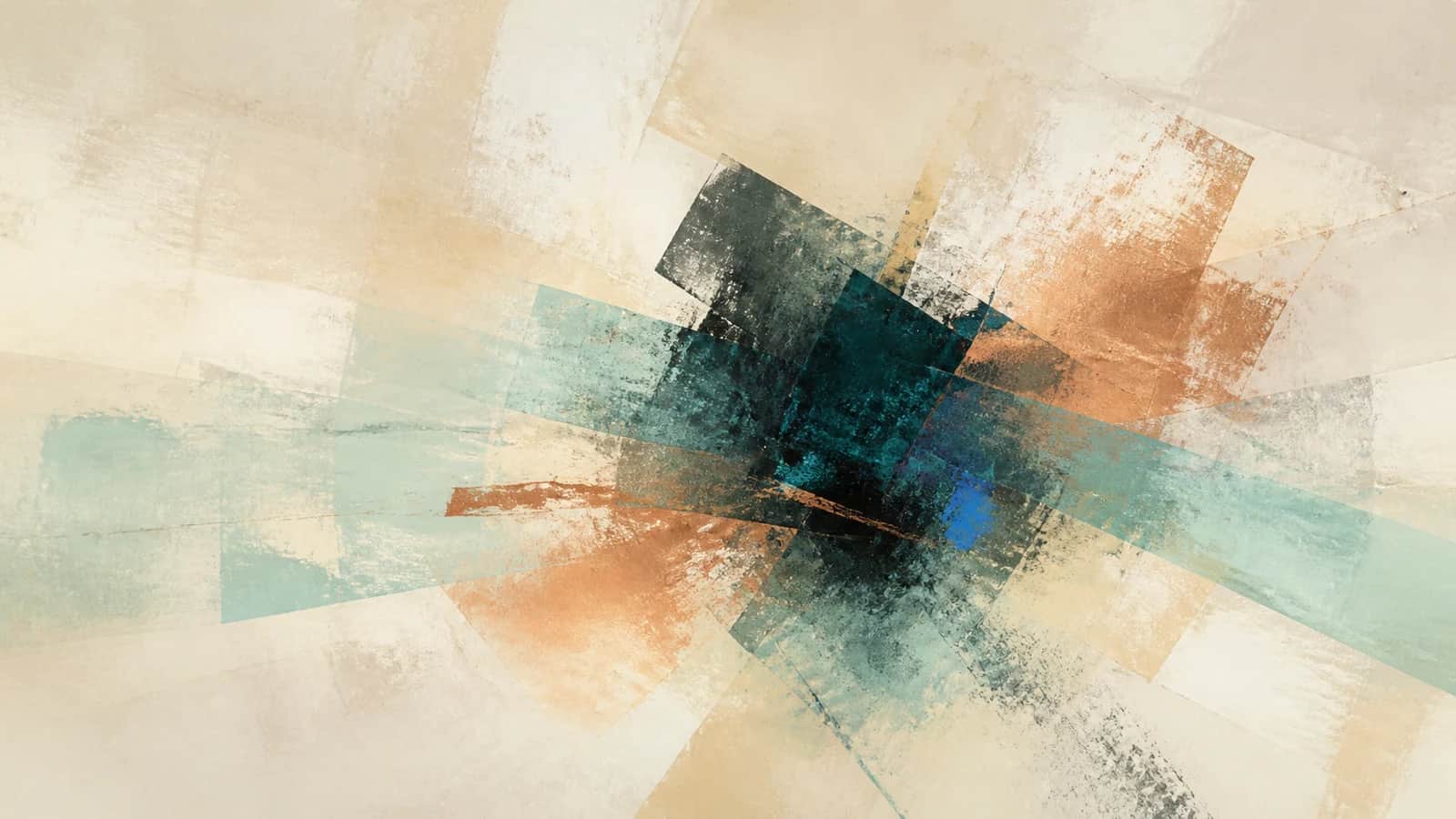 Translucent aqua and copper planes converge through a textured dark teal center on a cream ground