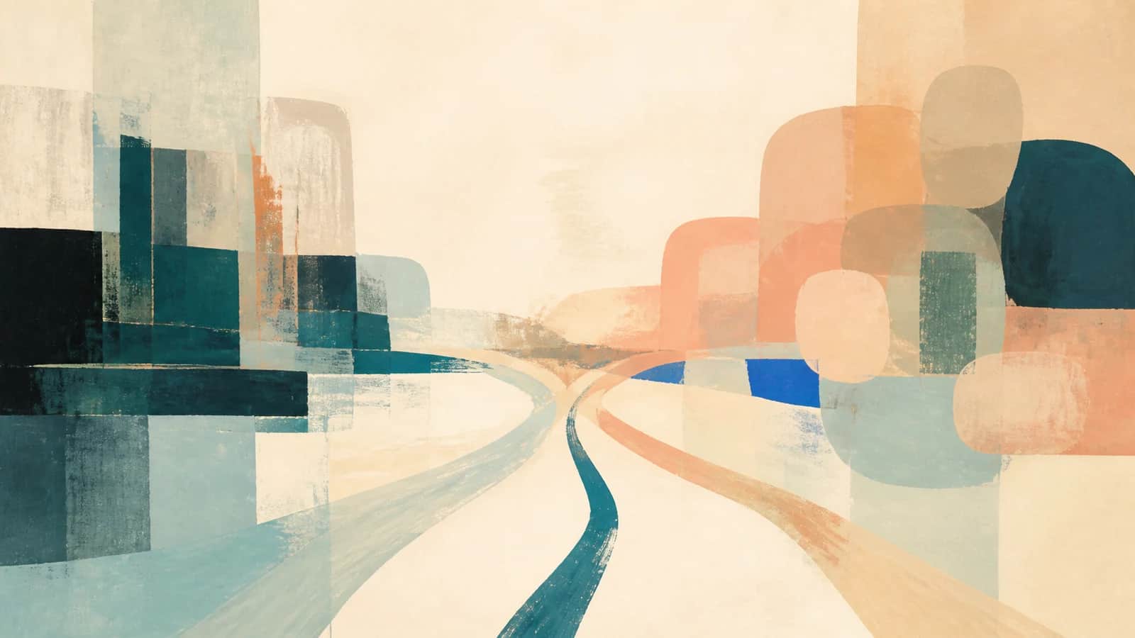 Dark teal architectural blocks and translucent coral forms converge around three painted paths on a cream ground
