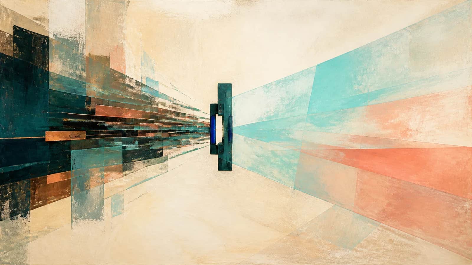 Dense dark teal and copper planes narrow through a central teal gate into broad translucent aqua and coral fields