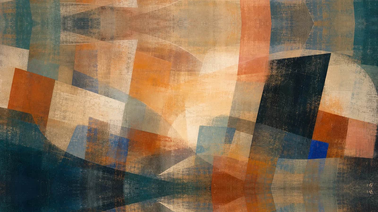 Independent translucent forms move across an open field beside a dark plane and cobalt accent