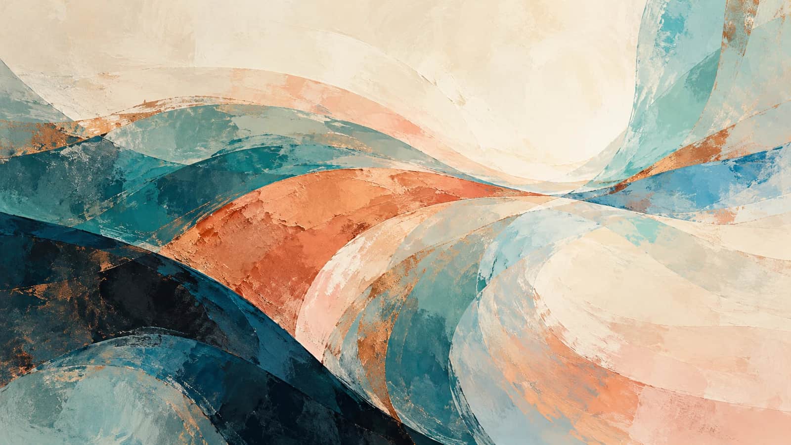 Broad teal, coral and translucent aqua curves overlap on a cream ground, opening into a pale space toward the right.
