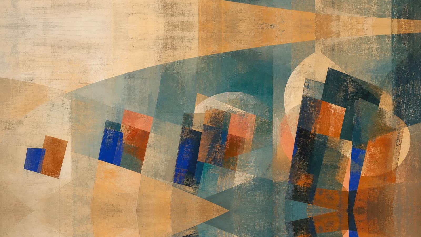 A sequence of painted block clusters grows in complexity across a translucent teal field