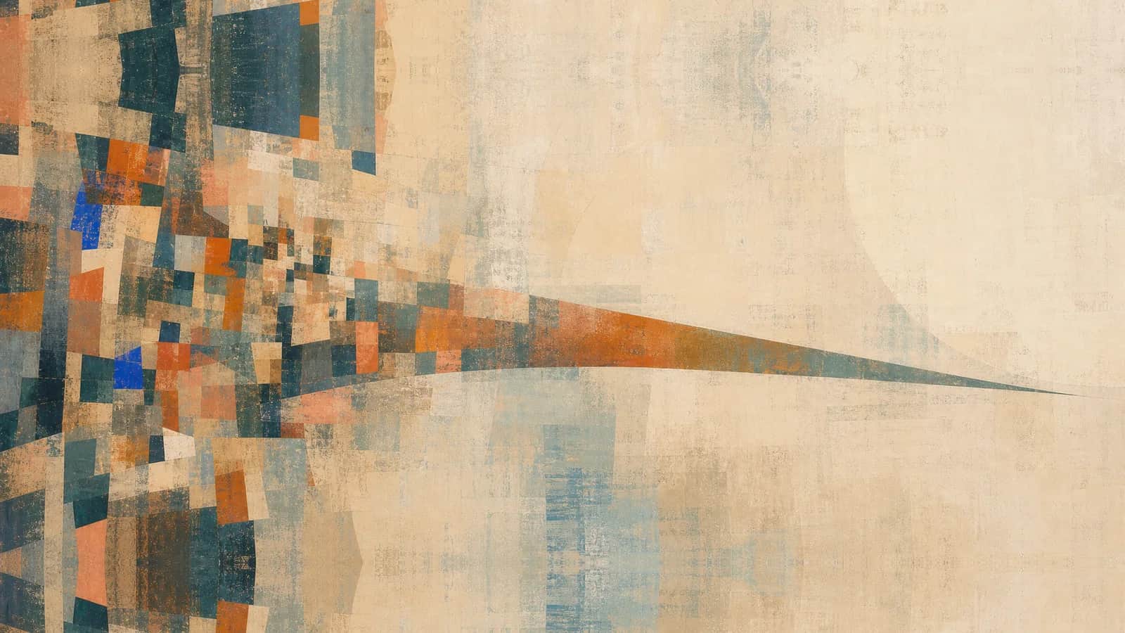 A dense mosaic of small forms narrows into a long copper and teal gesture across pale space
