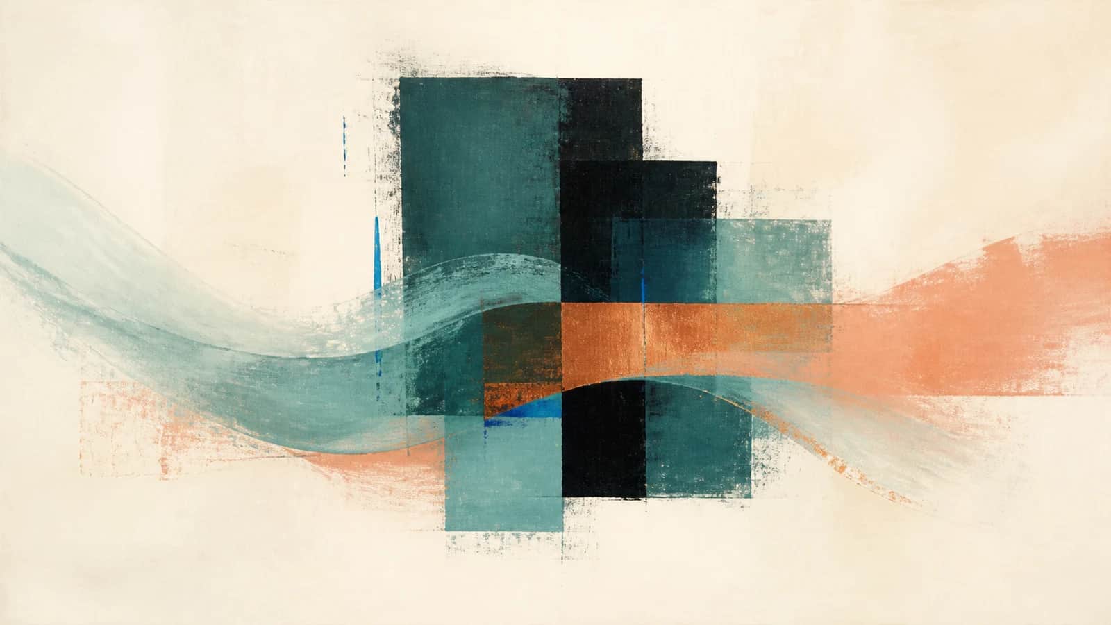 Sweeping aqua and coral bands cross layered teal and near-black rectangular planes on a cream ground.
