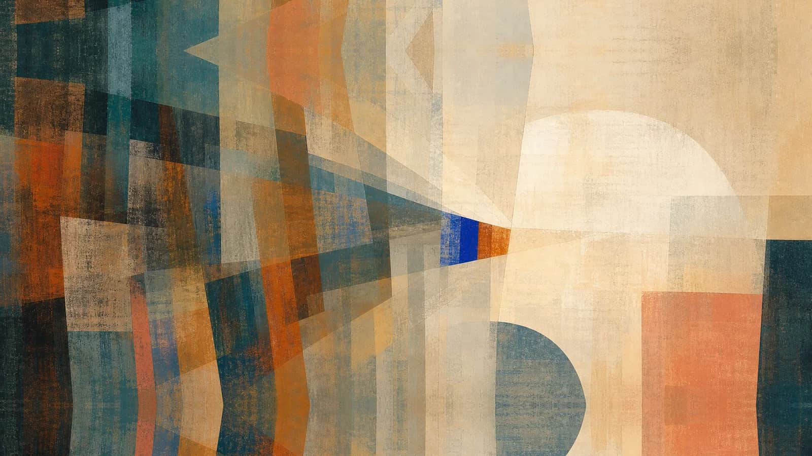 Dense vertical forms converge toward a cobalt and copper point before opening into pale space