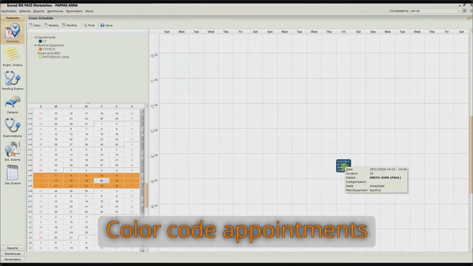 The Evorad appointment calendar with a resource list, date selector, and colored appointment in the timetable.
