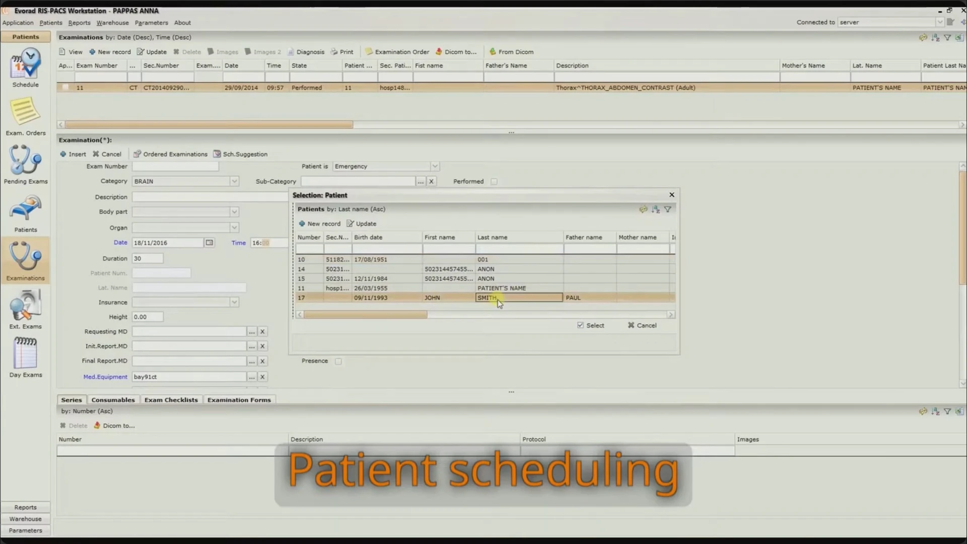 An examination scheduling form with a patient selection dialog.
