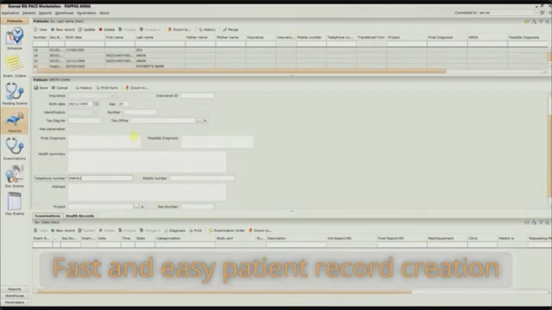 The Evorad patient record form with demographic and contact fields above tabs for examinations and health records.