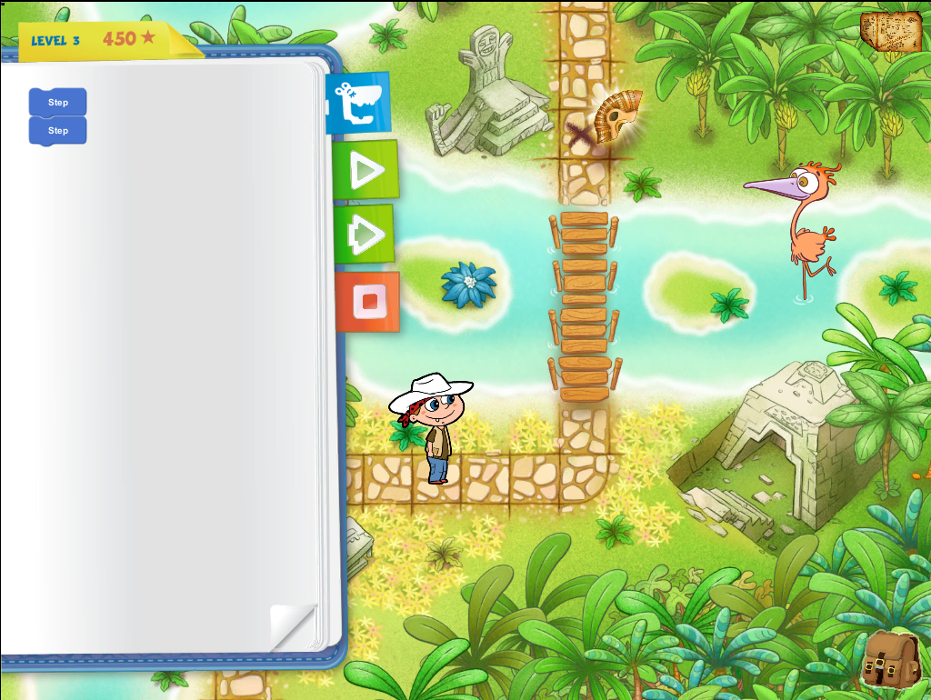 The Bobo game prototype with a tiled path and visual programming blocks