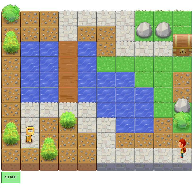 An early jungle game prototype with a tiled path and a Start button