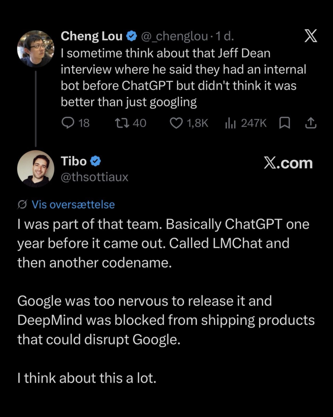 An X exchange in which Cheng Lou recalls Google's pre-ChatGPT internal bot and Tibo Sottiaux says he worked on the LMChat team