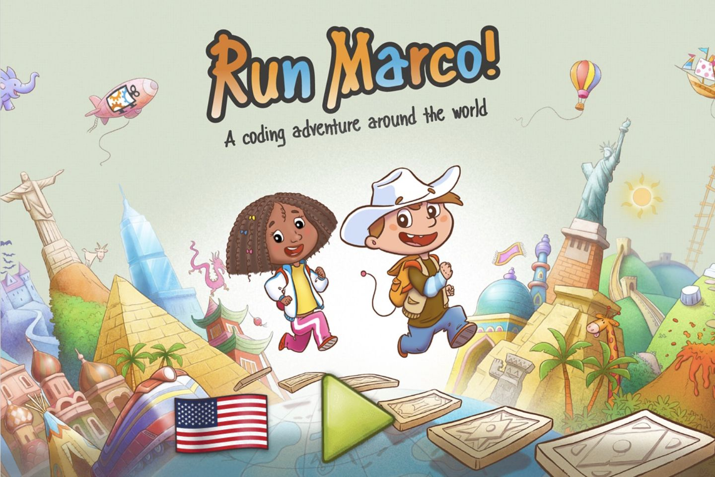 The original Run Marco home screen, with Marco and Sophia, illustrated landmarks, the game title, and a green play button.